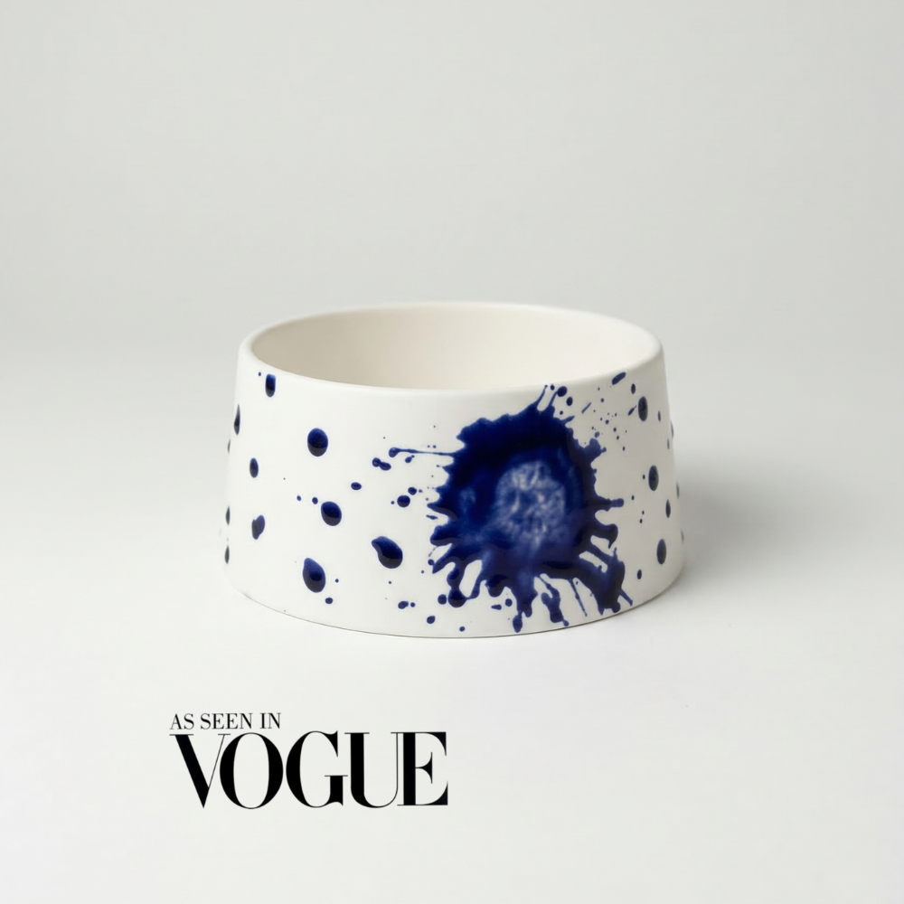 Bone China Bowl - Raw Exterior with Cobalt Splatter