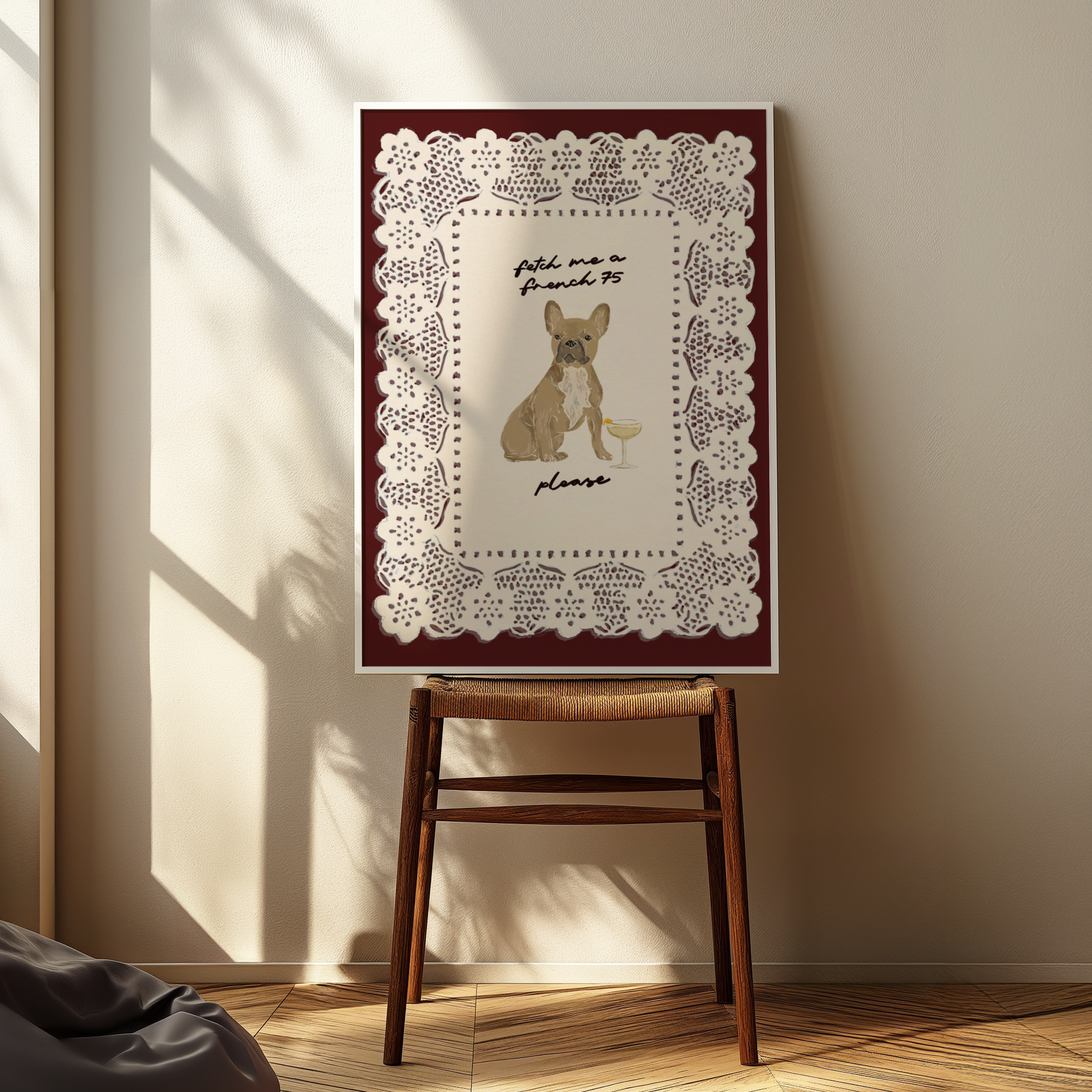 Fawn French bulldog illustration with “Fetch Me A French 75” text, modern dog art print on Somerset paper