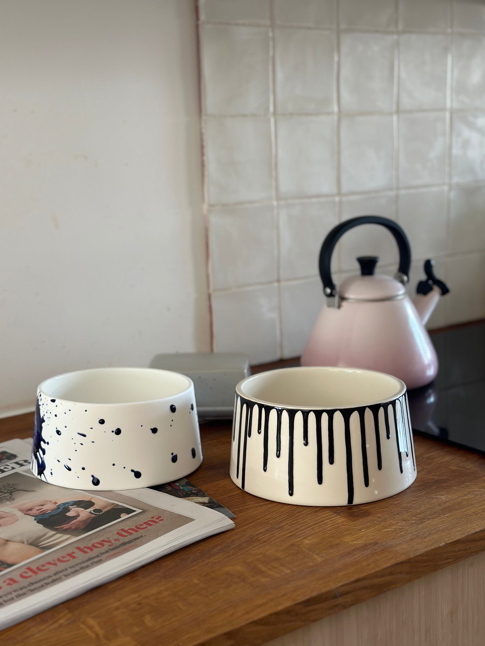 Bone China Bowl - Raw Exterior with Cobalt Splatter