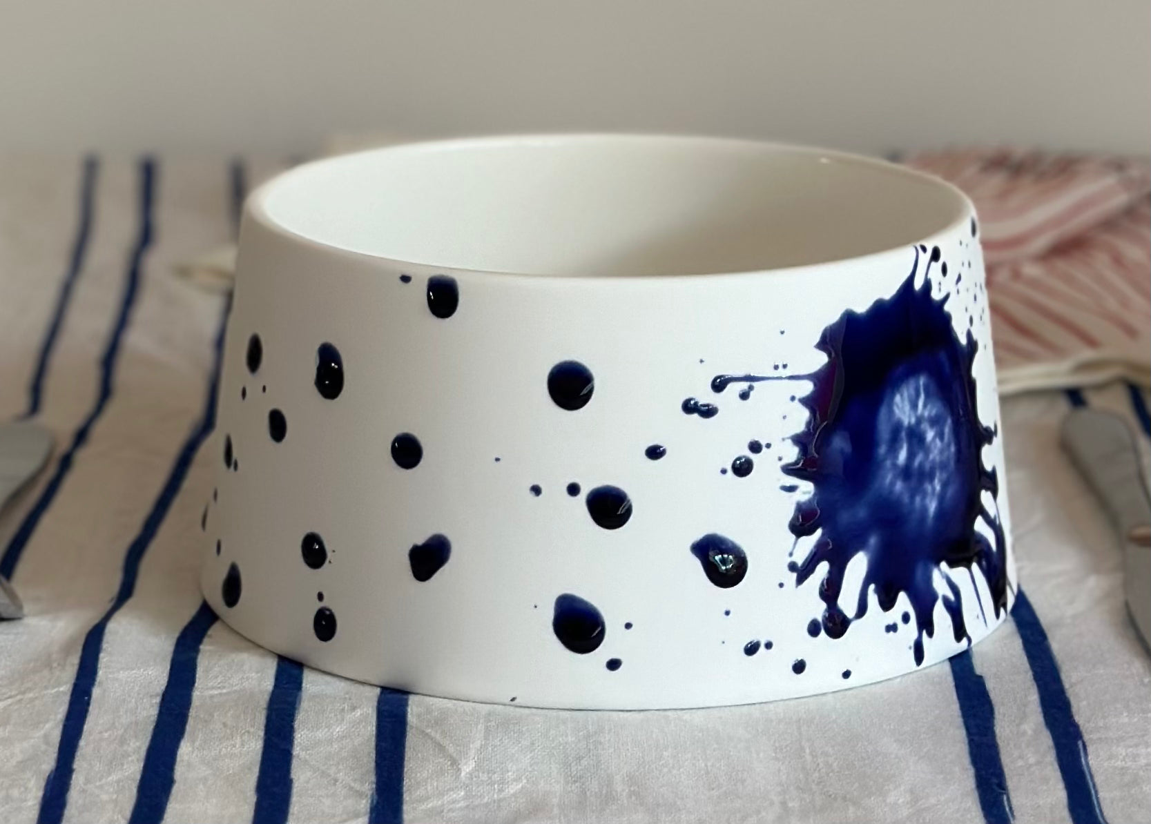 Bone China Bowl - Raw Exterior with Cobalt Splatter
