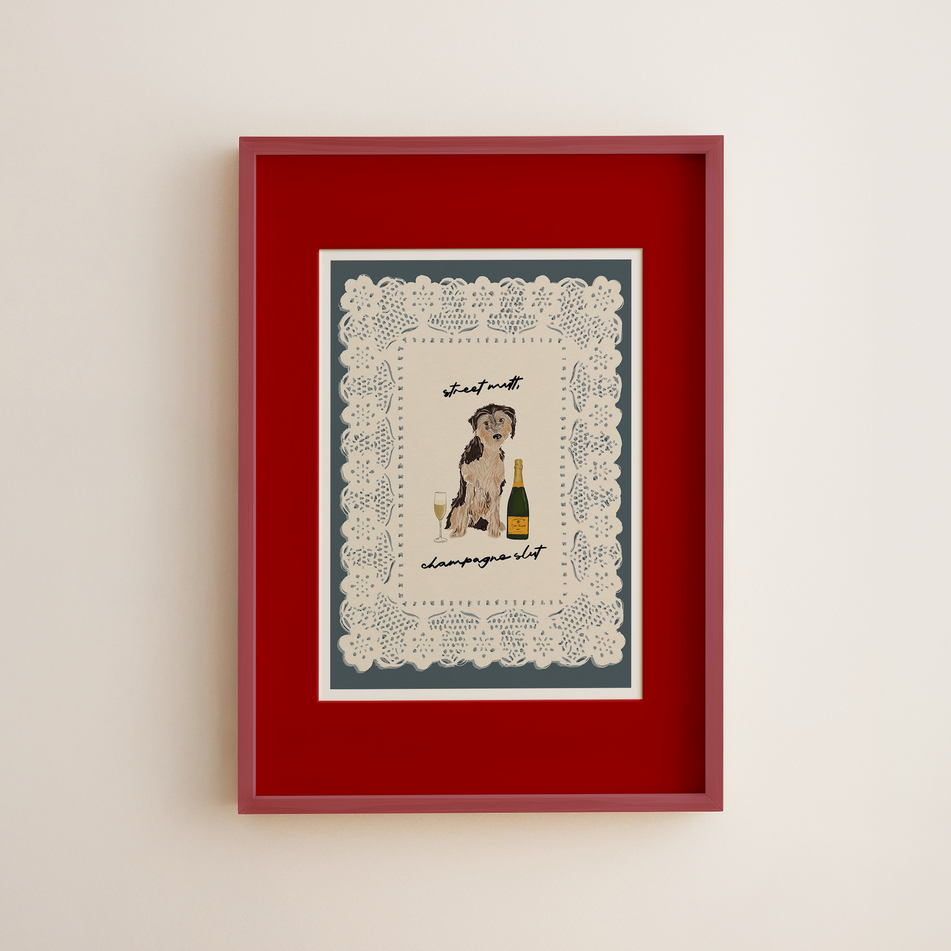 Grey mixed breed dog illustration with “Street Mutt, Champagne Slut” text, bold Weezy x Fauna dog print