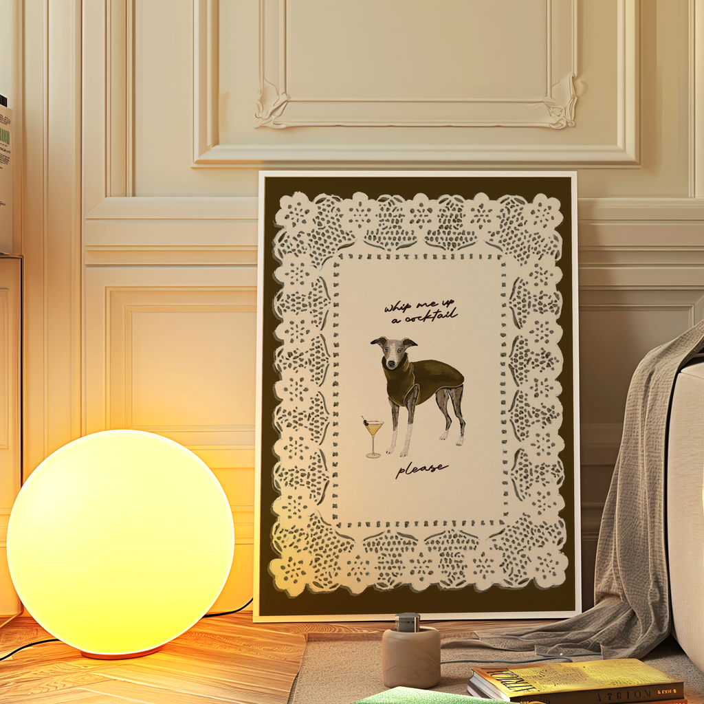 Grey whippet illustration with “Whip Me Up A Cocktail” text, minimalist Weezy x Fauna dog art print